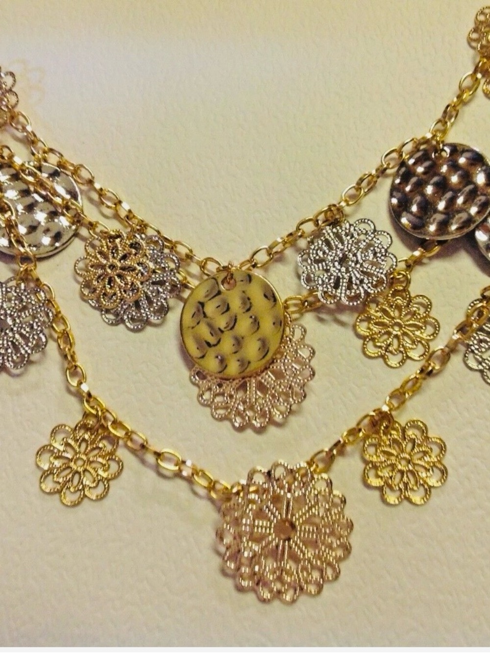 Necklace 3 Strand Silver Gold Discs & Flowers on Chain 18.5" With Extender